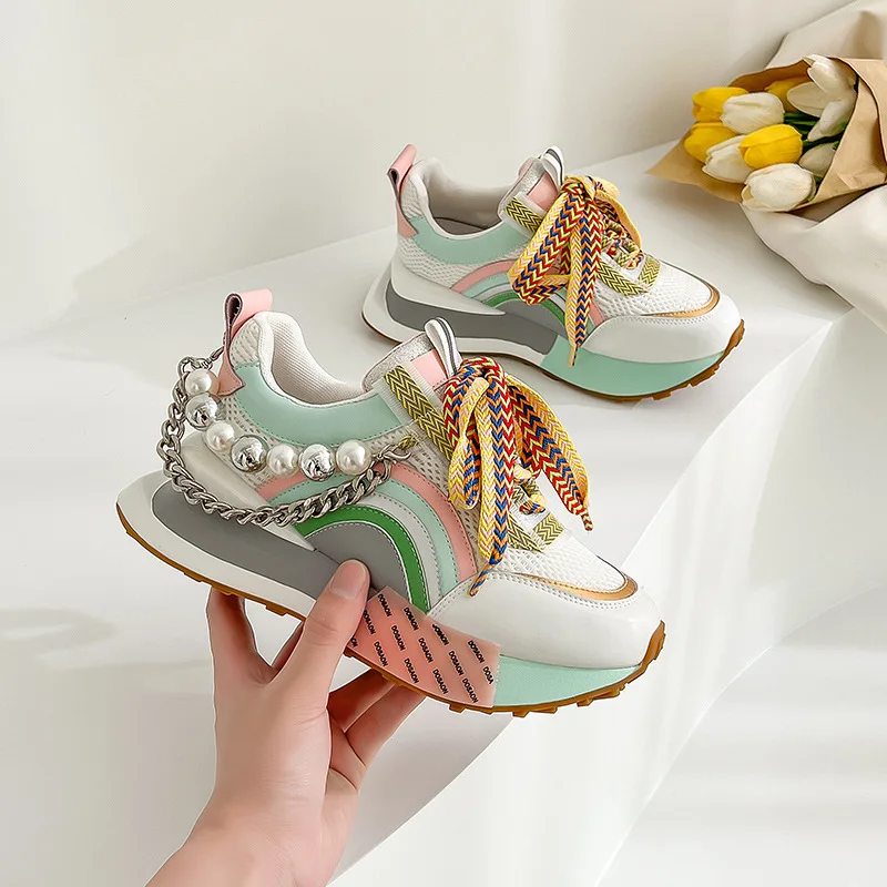 

Women Shoes New Lace Up Iridescent Pearl Chain Decorative Women's Vulcanized Shoes Women's Platform Sneakers Zapatos De Mujer