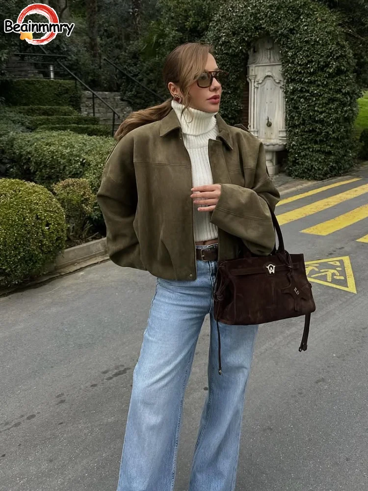 Базовые однотонные замшевые женские короткие пальто на молнии с лацканами