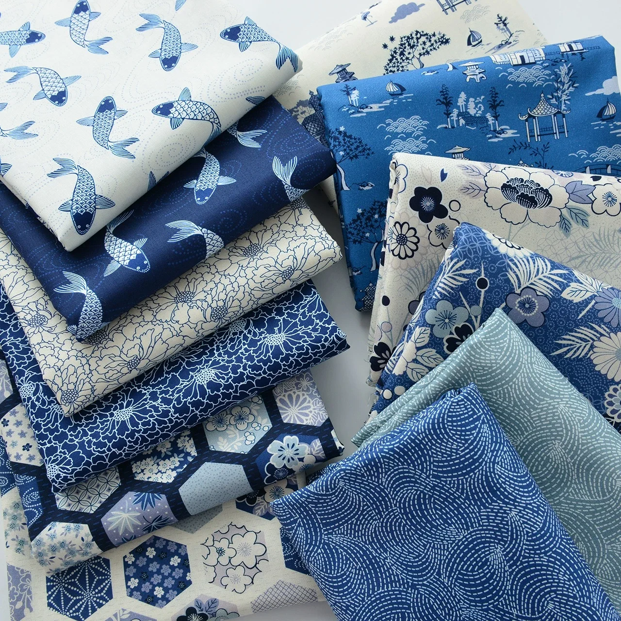 Цифровая печать в китайском стиле 20С голубые и белые Павильоны на карпа 100%