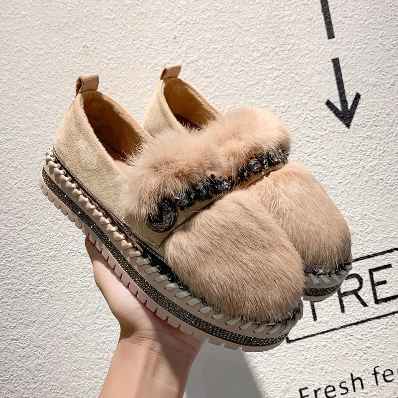 

Winter Natural Fur Flats Women Luxury Warm Crystal Buckle Hand Stitching Leather Platform Shoes Women Slip-on Hair Flats Zapatos