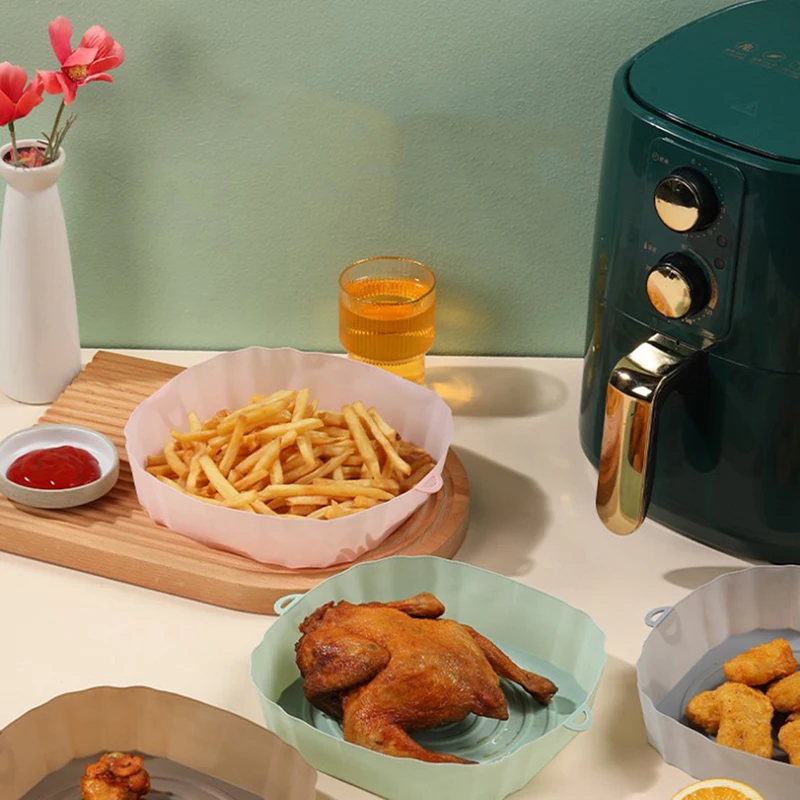 

Silicone Paper Air Fryer Baking Tray With Handle Microwave Baking Pizza Mat Airfryer Silicone Pot Kitchen Airfryer Accessories