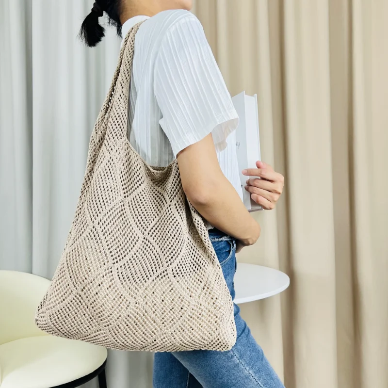 

Women Shoulder Bag Crochet Large Capacity Bright Color Handheld Hollow Out Knitted Handbag Tote Bag Bolso Mujer