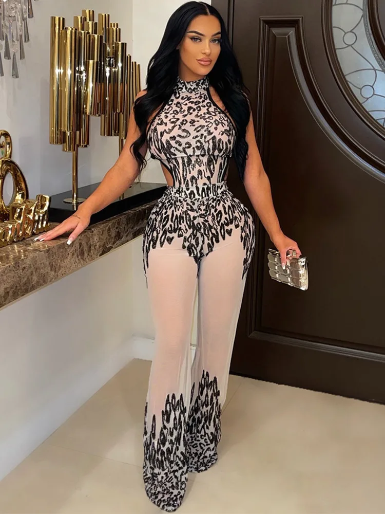 

Sexy Sheer Mesh Patchwork Party Jumpsuit Summer Sleeveless Straps Sequins Bodysuit Clubwear Halter Backless Jumpsuit