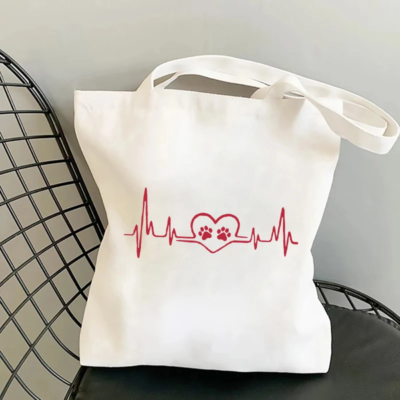 

Heartbeat Dog Paw Print Women shopper bag canvas grocery totes Bags sac cabas bolsas reutilizables foldable bag for shopping