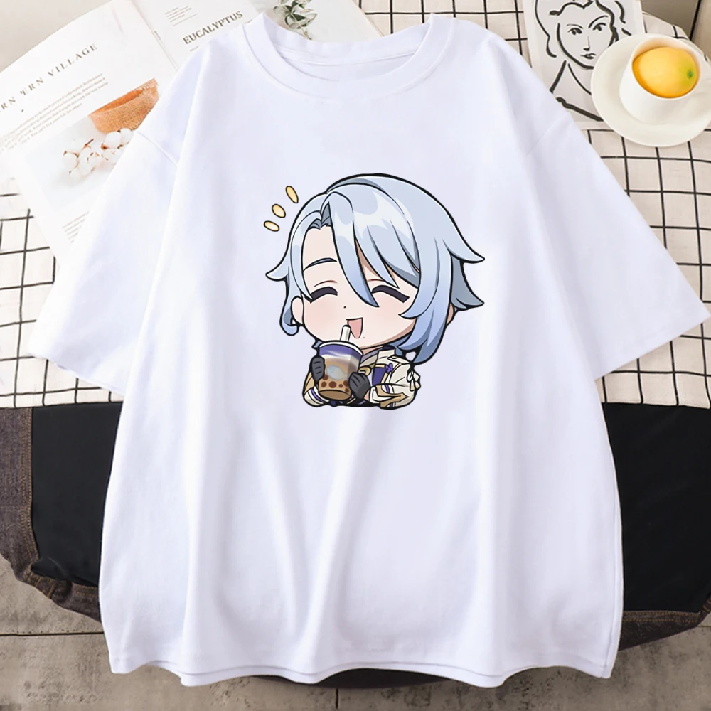 

Genshin Impact Cartoon T Shirt Kamisato Ayato Game Kawaii Milk Tea Printed 100% Cotton Oversized Tops High Quality Female O-Neck
