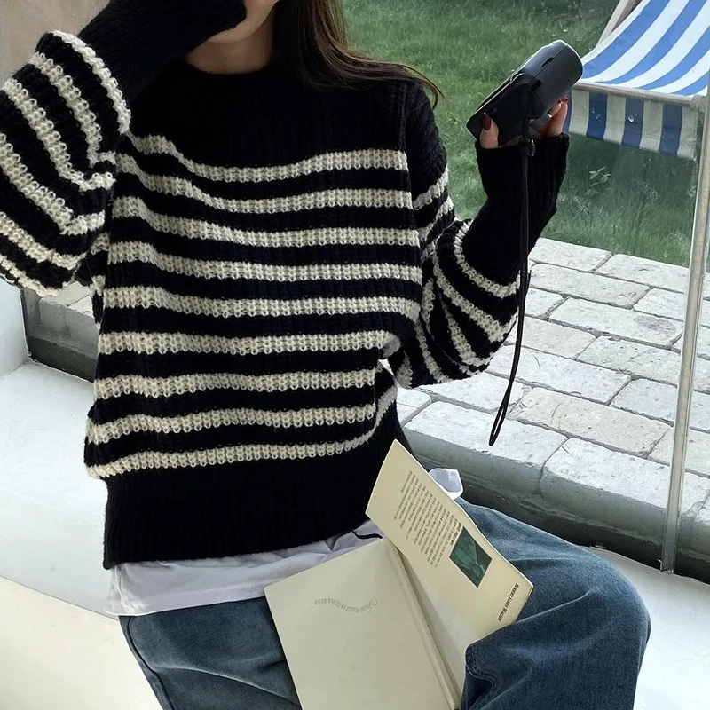 

Повседневные универсальные вязаные простые пуловеры, популярная Осенняя популярная Весенняя Корейская Уютная женская Свободная одежда в полоску в ретро стиле для девушек