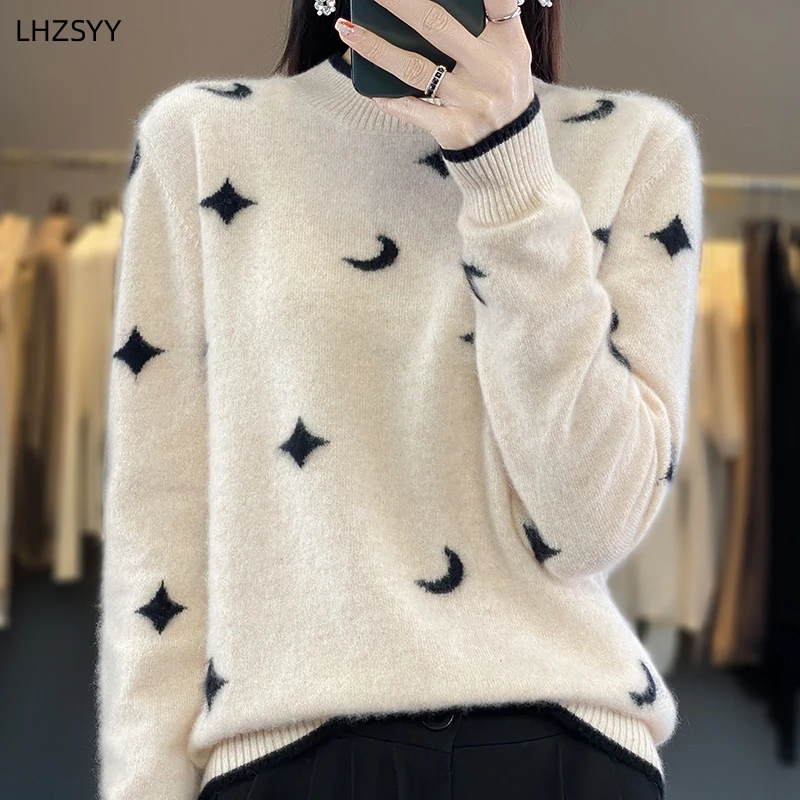 

LHZSYY женский свитер из 100% чистой шерсти, осенне-зимние новые модные пуловеры с круглым вырезом, Стандартная рубашка, жаккардовые вязаные Кашемировые топы