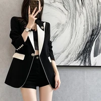 high quality women french style contrast blazer and coats long sleeve black clothes pockets office lady