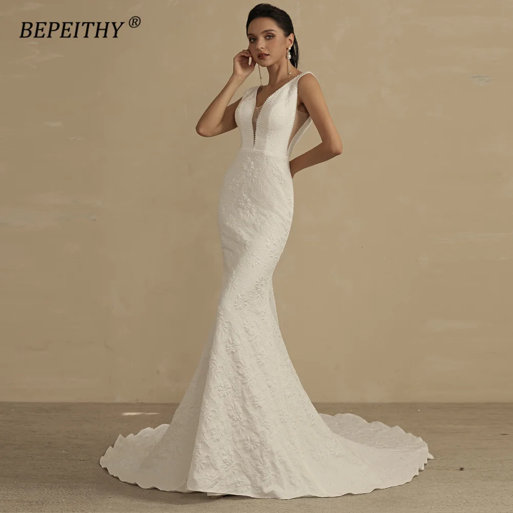 

BEPEITHY Sexy Deep Pearls V Neck Mermaid Wedding Dresses For Women 2022 Court Train Ivory Embossing Bridal Gown Open Back New