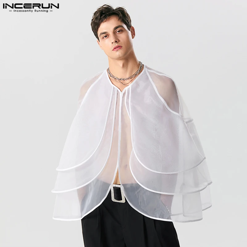 

INCERUN Tops 2023 Fashion Sexy Men's See-through Mesh Three-layer Ruffle Design Shirts Casual Long Sleeved Cardigan Thin Blouse
