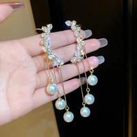 2022 trendy crystal pearl tassel zircon earrings for women light luxury elegant temperament earclips for girl wedding jewelry