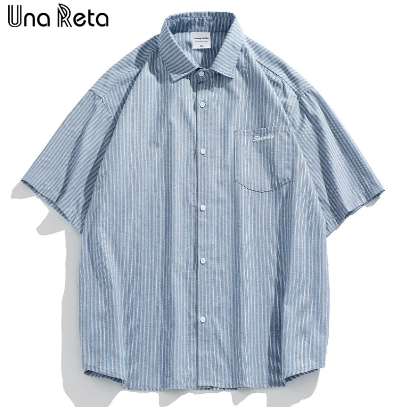 

Мужская рубашка Una Reta, летние топы, уличная одежда, полосатые рубашки с коротким рукавом для мужчин, однобортные свободные хлопковые рубашки Harujuku