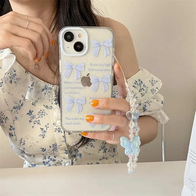 

Flash Pink IMD Blue Bow+Chain Phone Case For iphone 14 13 12 11 Pro Max X XR XSMAX 7 8 Plus SE TPU Case Cover new products