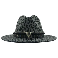 unisex flat brim wool felt fedora hats for women winter panama leopard print hats grain leather band decor trilby men party hat