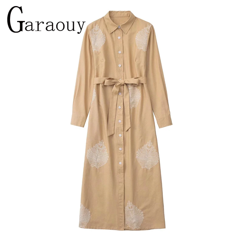

Garaouy 2022 Summer Women Linen Midi Dress Casual Female Shirt Embroidery Dresses Beach Lady Belt Sundress Vestidos Robe Mujer