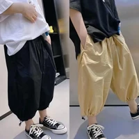 japanese trendy childrens spring new elastic waist radish pants pure cotton nine point pocket pants wide leg pants thin section