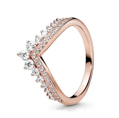 

925 Sterling Silver pan Ring Rose Gold Pincess Wishbone Ring With Crystal For Women Wedding Party Gift Fashion Jewelry