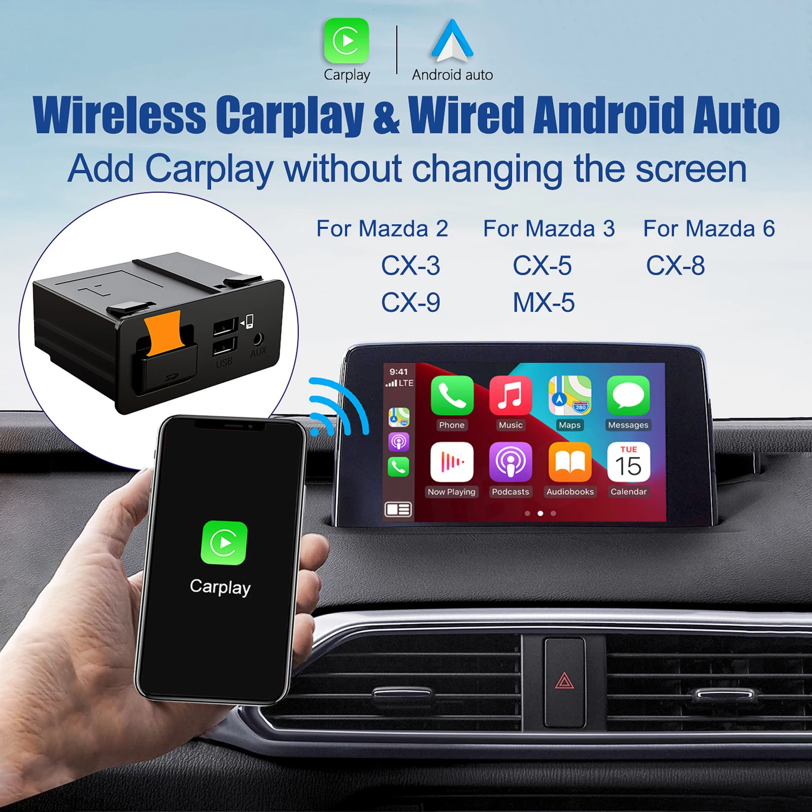 Беспроводной проводной Автомобильный USB-адаптер Apple CarPlay на Android,  концентратор для модификации OEM Mazda CX3 CX5 CX8 CX9 MX5 для Mazda 2 3 6  | AliExpress