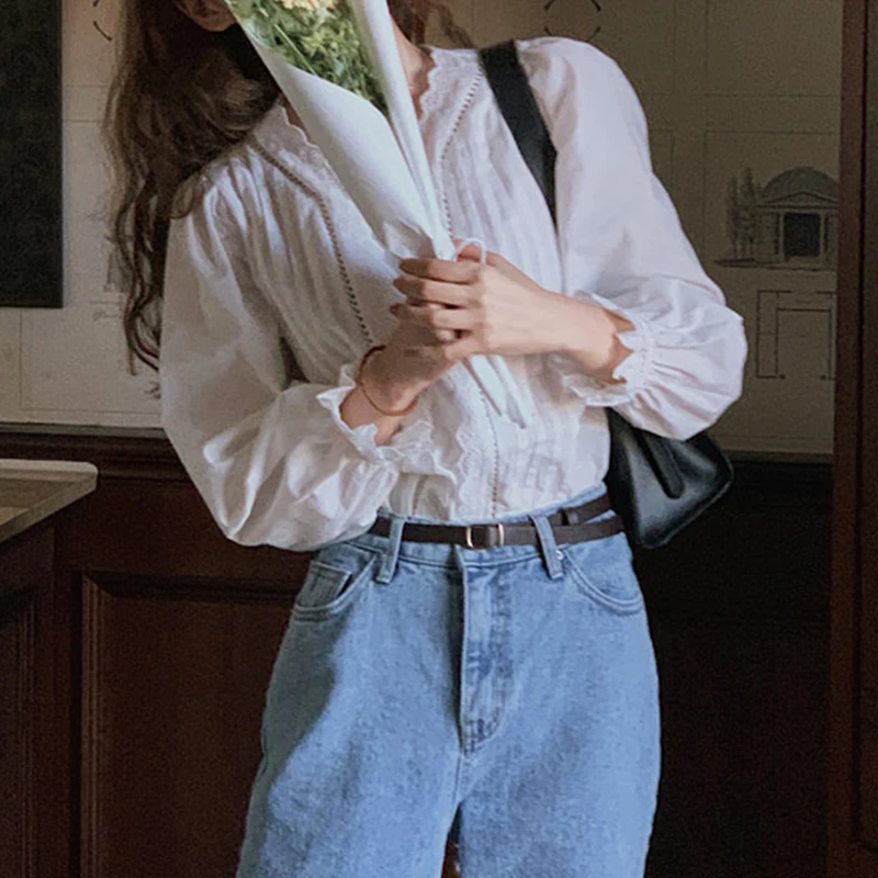 

Модные кружевные женские рубашки со складками, повседневные дамские блузки с рукавами-фонариками, новые универсальные Топы с длинным рукав...