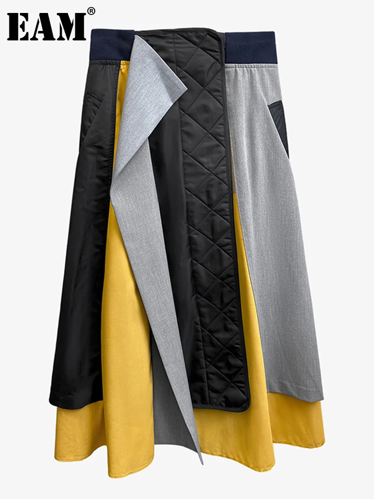 

[EAM] High Waist Irregular Spliced Contrast Color Irregular Half-body Skirt Women Fashion Tide New Spring Autumn 2023 1DA688