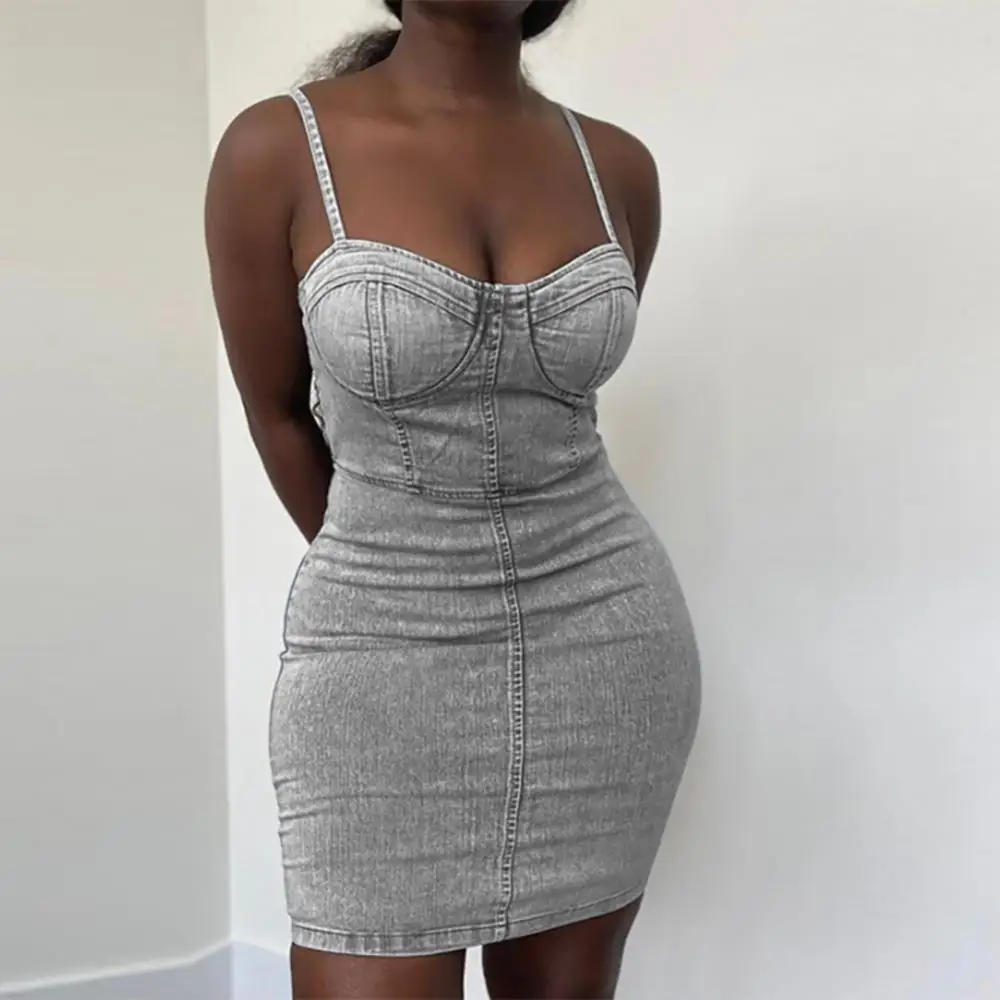 

Women Sexy Solid Color Spaghetti Straps Waist Tight Bodycon Mini Denim Dress