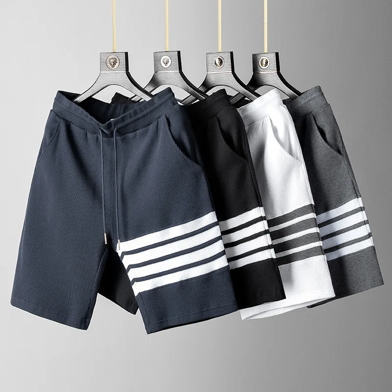 TB FOG Thom Casual Shorts Waffle Four Stripe  Women Men Summer Trend Drawstring Cotton Brand Sports Mid Pants Black Gray Navy