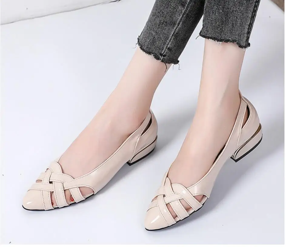 35-40 Summer new patent leather shoes children apartment weaving set flat shoes cut out boat shoes ladies pointed low heel shall