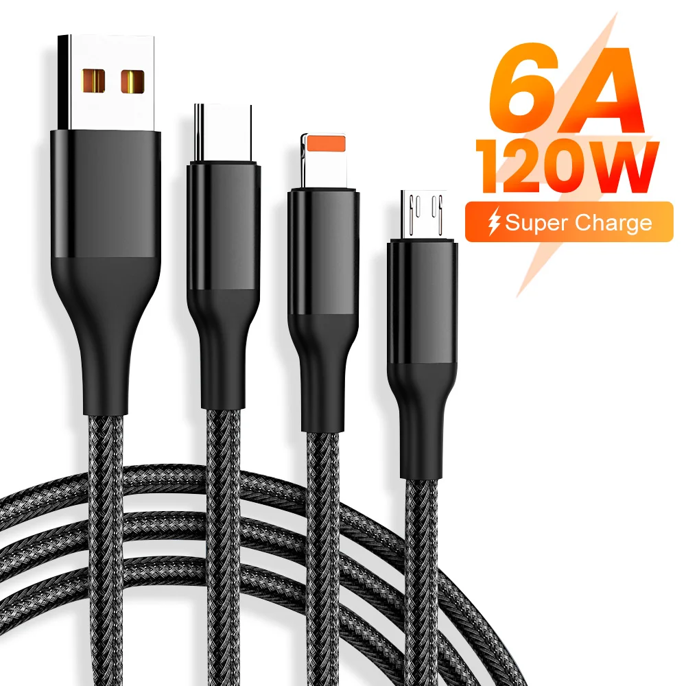 3 In 1 6A 120W USB Fast Charging Cable for iPhone 14 13 12 Pro Max Micro USB Type C Charger Cable for Samsung Huawei Xiaomi 2M
