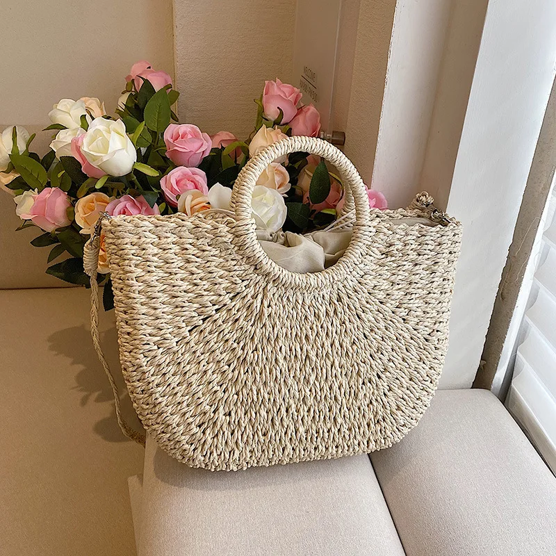 

Соломенные плетеные женские сумочки Purae, летние праздничные пляжные сумки, винтажные повседневные сумки через плечо, вместительные сумки-т...