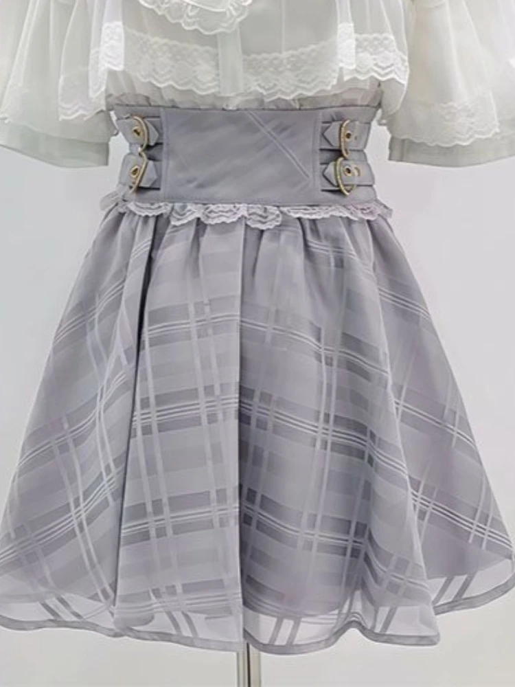 Фото Японский комплект в стиле Sweet Chic Lolita из 2 предметов: женская блузка с кружевом и большим бантом + юбка А-силуэта в клетку с высокой талией, винтажный кавайный модный наряд №3