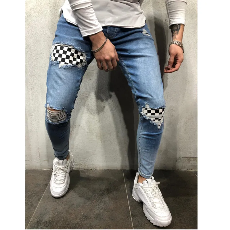 Men's Jeans Youth Ripped Jeans Men's Slim Pants Mid-Waist y2k Sports Pencil Pants Fashion Casual Patchwork Pants New vaqueros