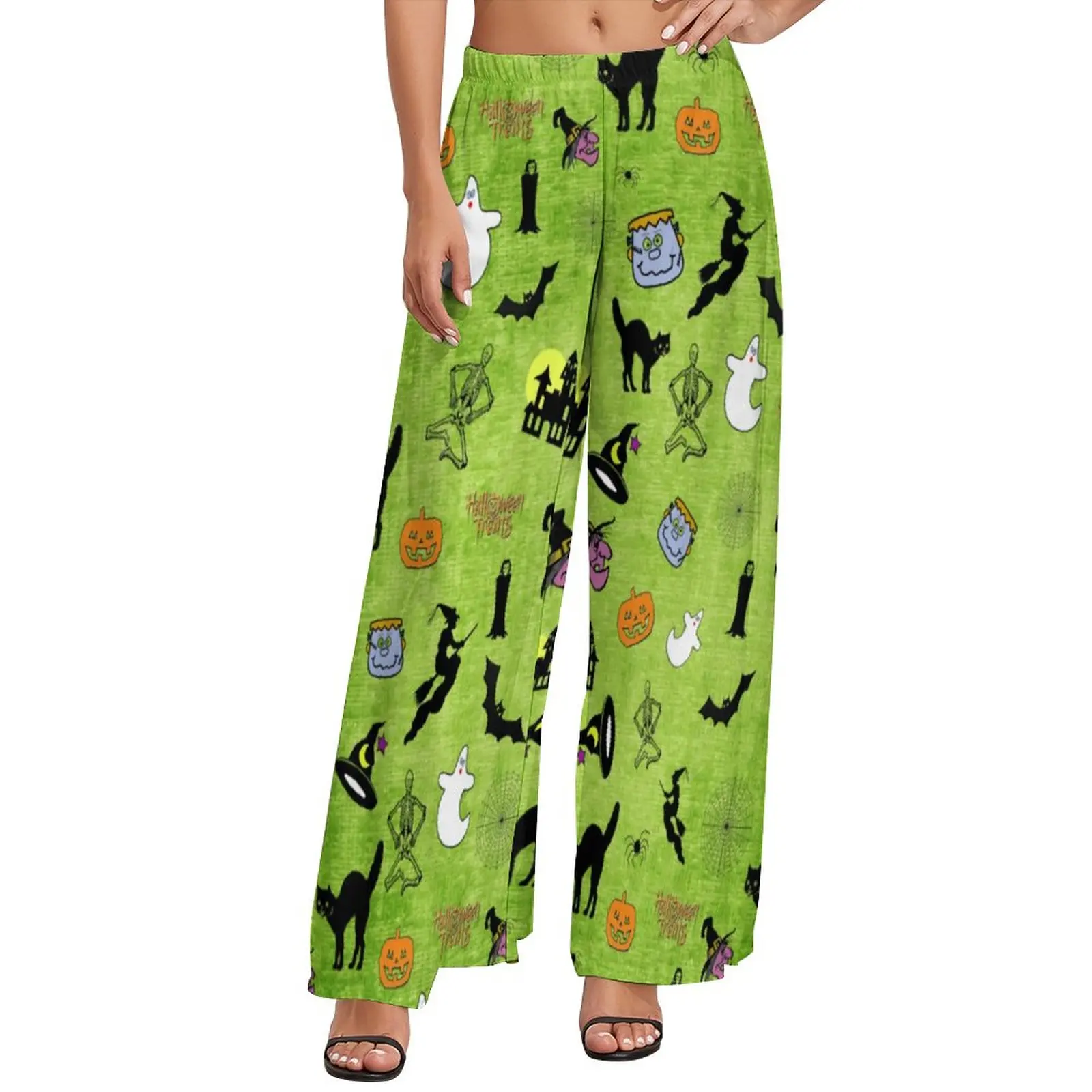 

Брюки с принтом черного кота, эластичная талия, Хэллоуин, летучие мыши, современные брюки, пляжные широкие брюки с графическим принтом