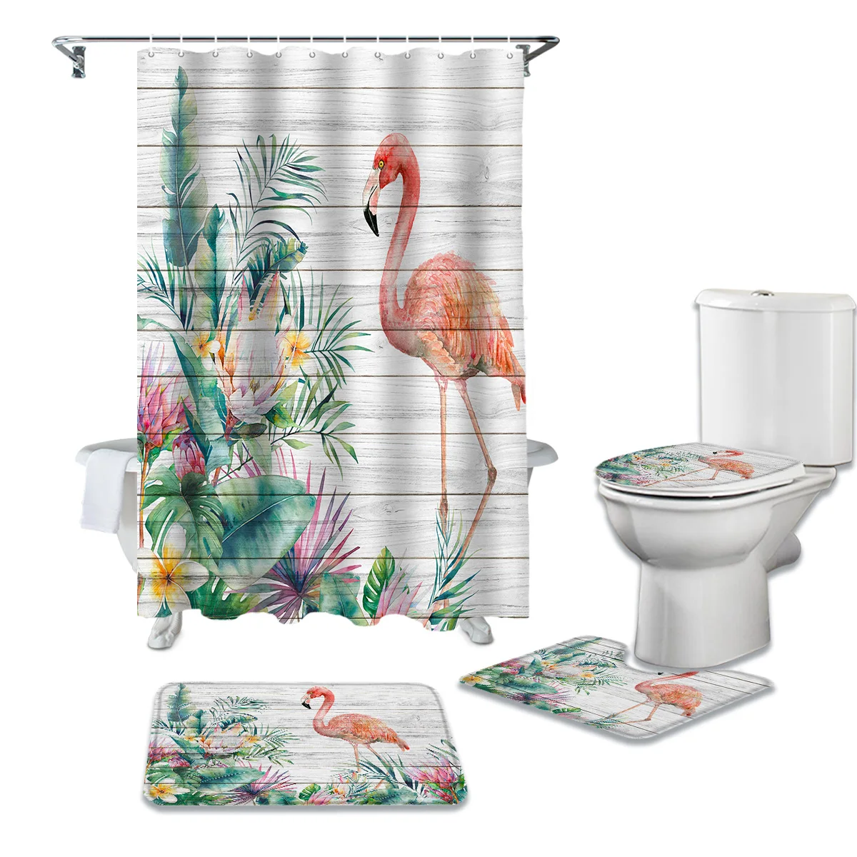 Деревянная занавеска для душа в ванную комнату с тропическим фламинго, набор ковриков, крышка для туалета, напольные коврики, аксессуары дл...