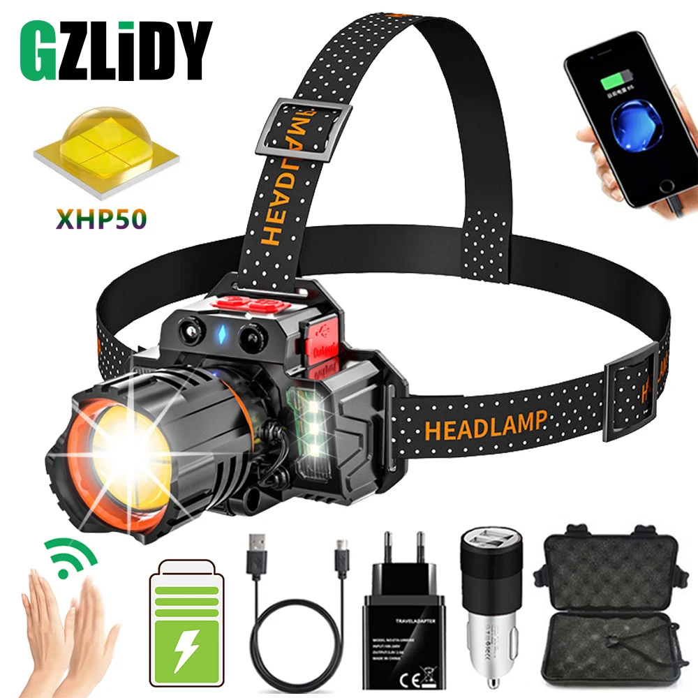 

High Power XHP50 LED Headlamp Motion Sensor 18650 Headlight Waterproof Fishing Lantern USB Rechargeable Zoom Torch Flashlight