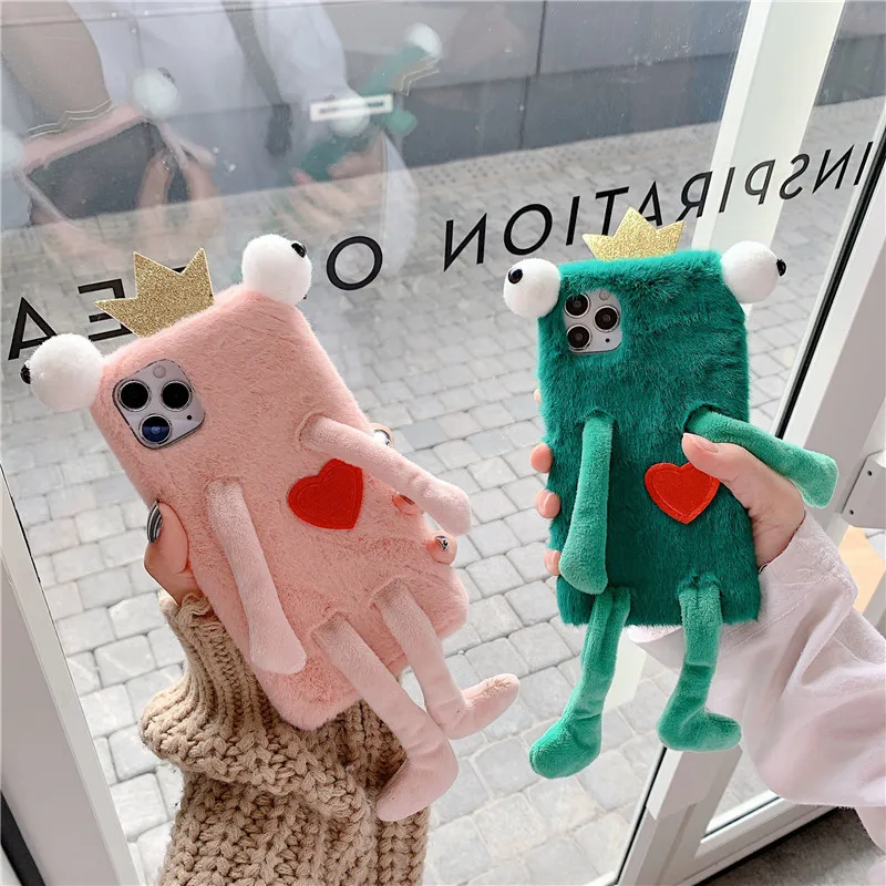 

Cute frog Shape Fur Plush Phone Case for iPhone 14 13 12 Mini XS XR X 11 Pro Max Warm Cover for iPhone 7 8 Plus SE Phone Cases