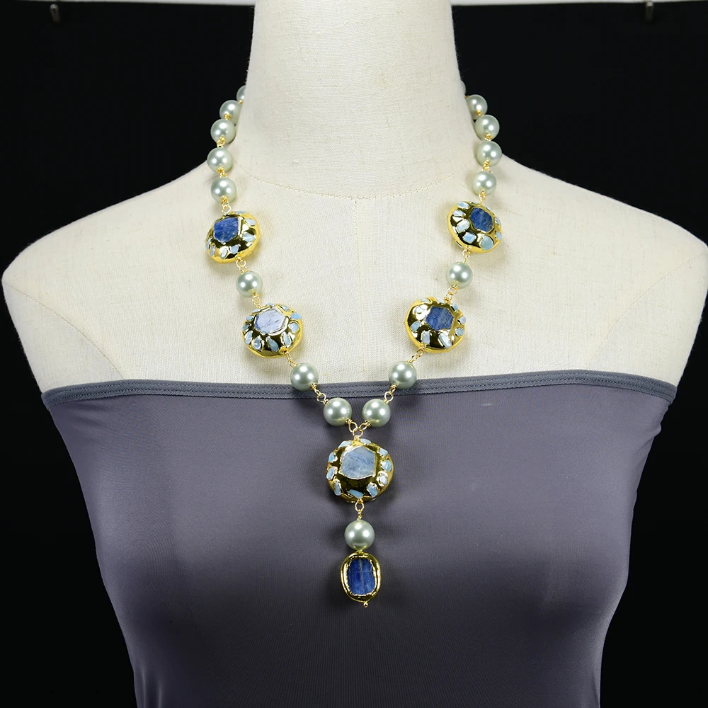 

GG Jewelry Blue Kyanite Larimar Gray Sea Shell Pearl Gems Gold Plated Edge Flat Coin Necklace Pendant Jewelry Gift For Women