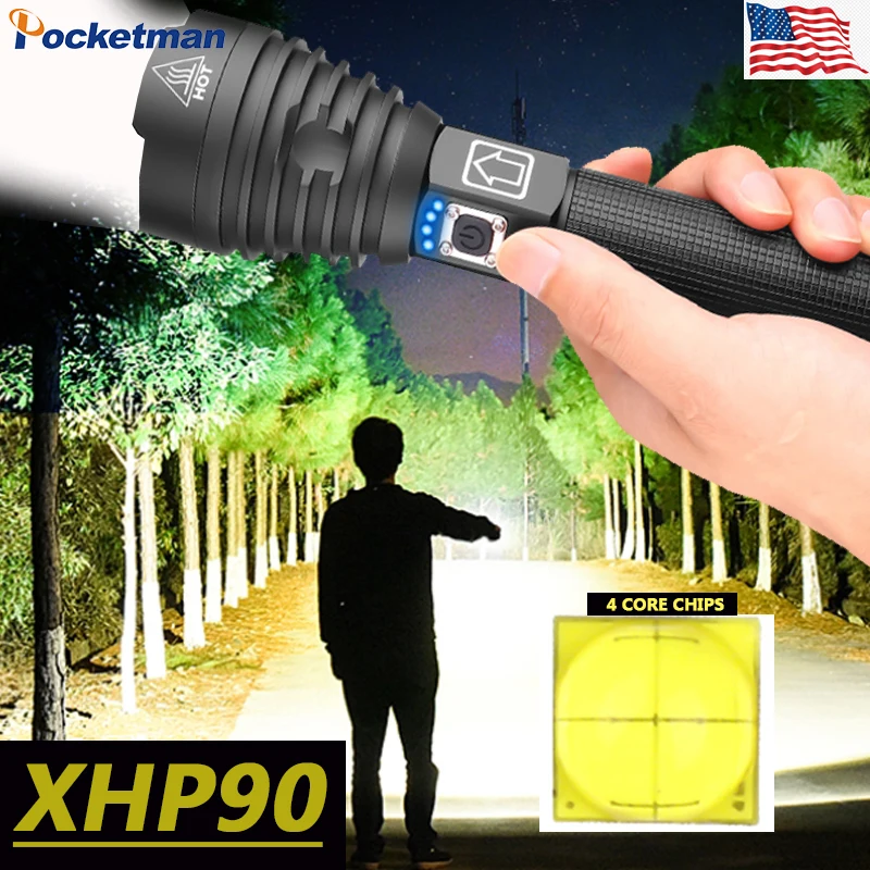 

High Power XHP90 LED Flashlight 26650 Zoom USB Rechargeable Power Display Powerful Torch 18650 Handheld Light Dropshipping