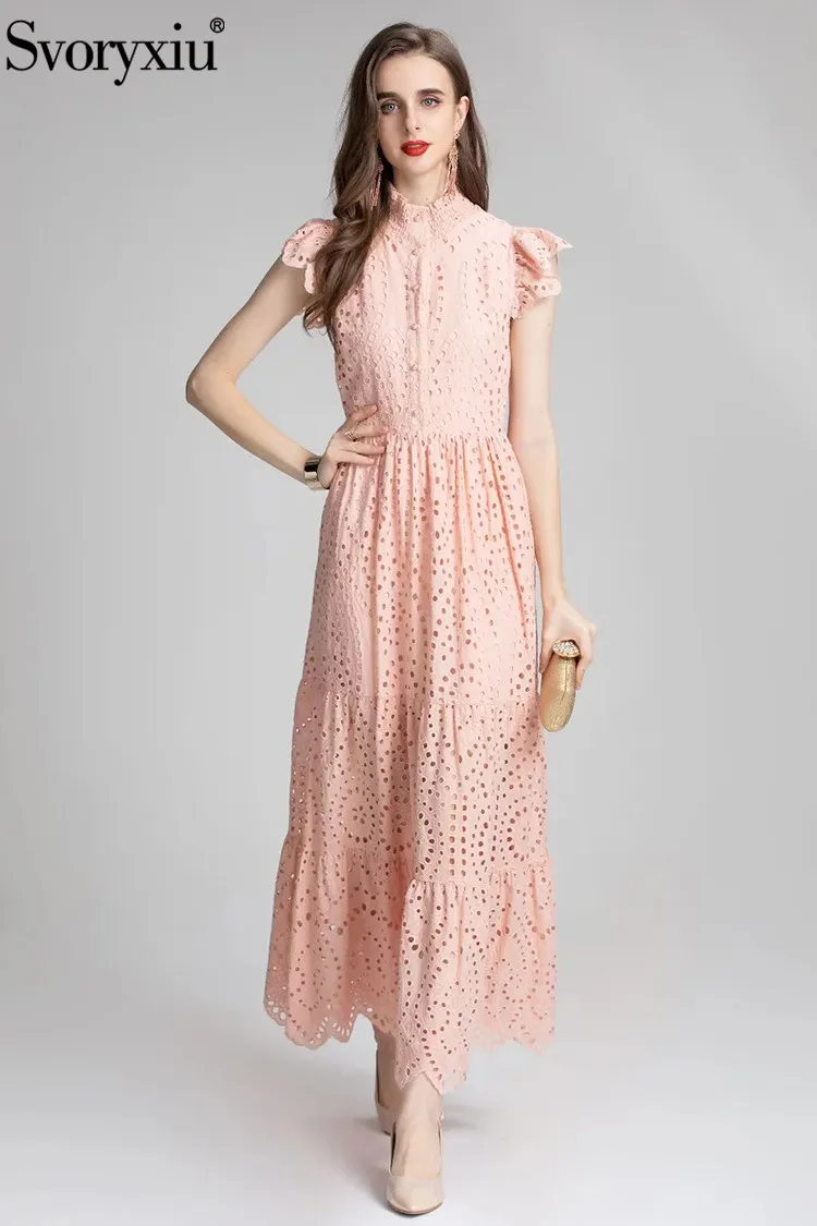 

Svoryxiu Fashion Designer Summer Vintage Solid Color Dress Women's Flare Sleeve Single Breasted Hollow out High Waist Long Dress