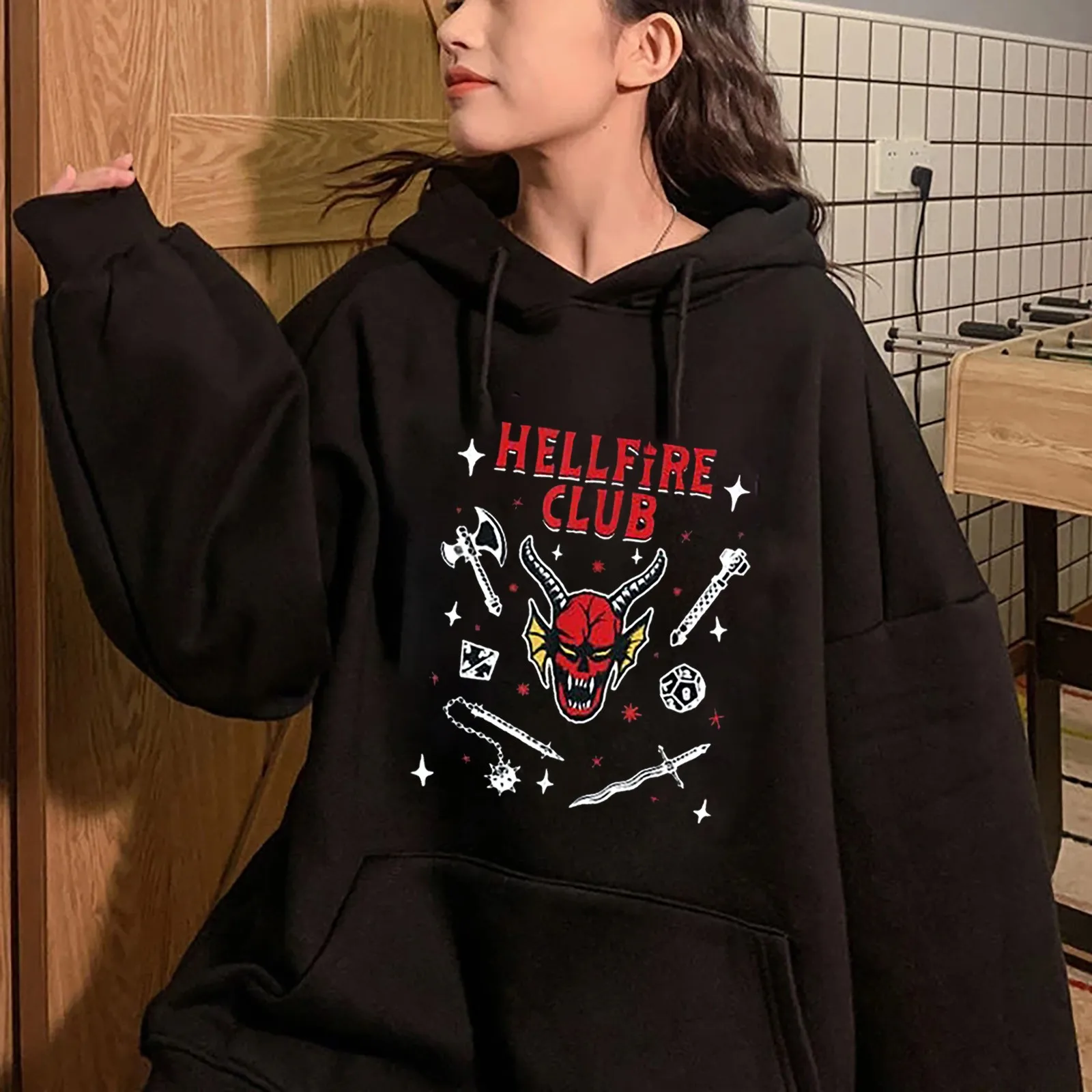

Harajuku Women Hoodies Stranger Things Hellfire Club Graphic Fashion Funny Anime Print Sweatshirt Casual Cartoon Streetwear