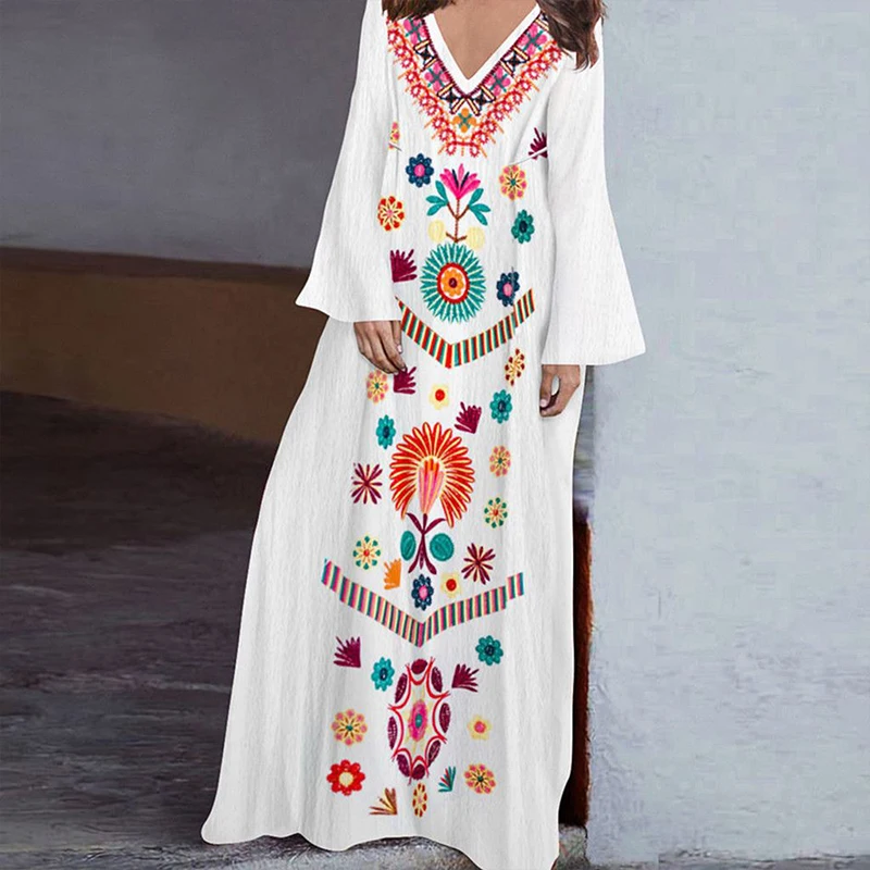 

Женское платье-макси в этническом стиле, Длинное свободное богемное платье с цветочным принтом и длинным рукавом, женское платье-пуловер с разрезом, весна-осень 2023