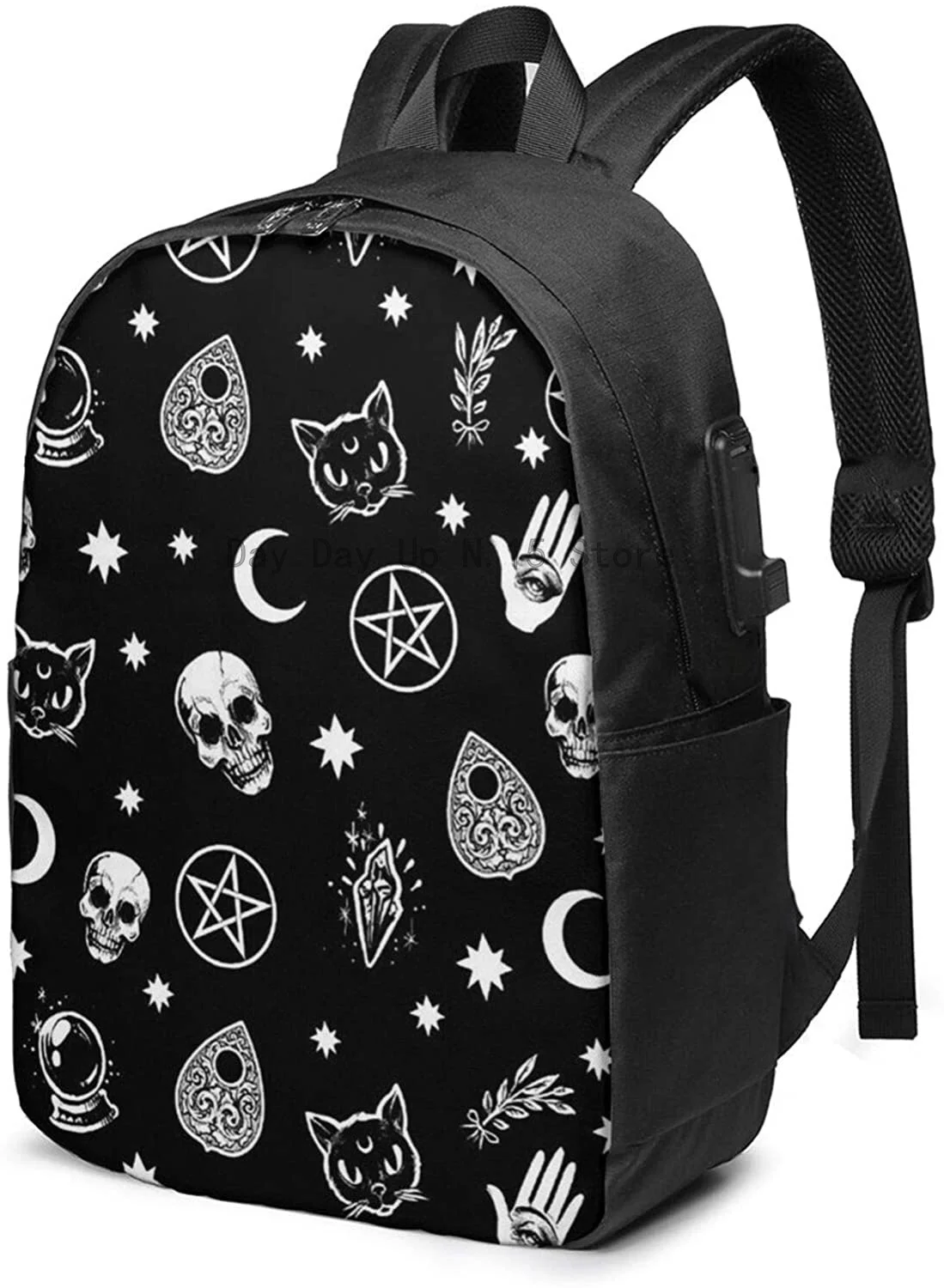 

Skull and Cat of Magic Business Laptop School Bookbag Travel Backpack with USB Charging Port & Headphone Port Fit 17 in