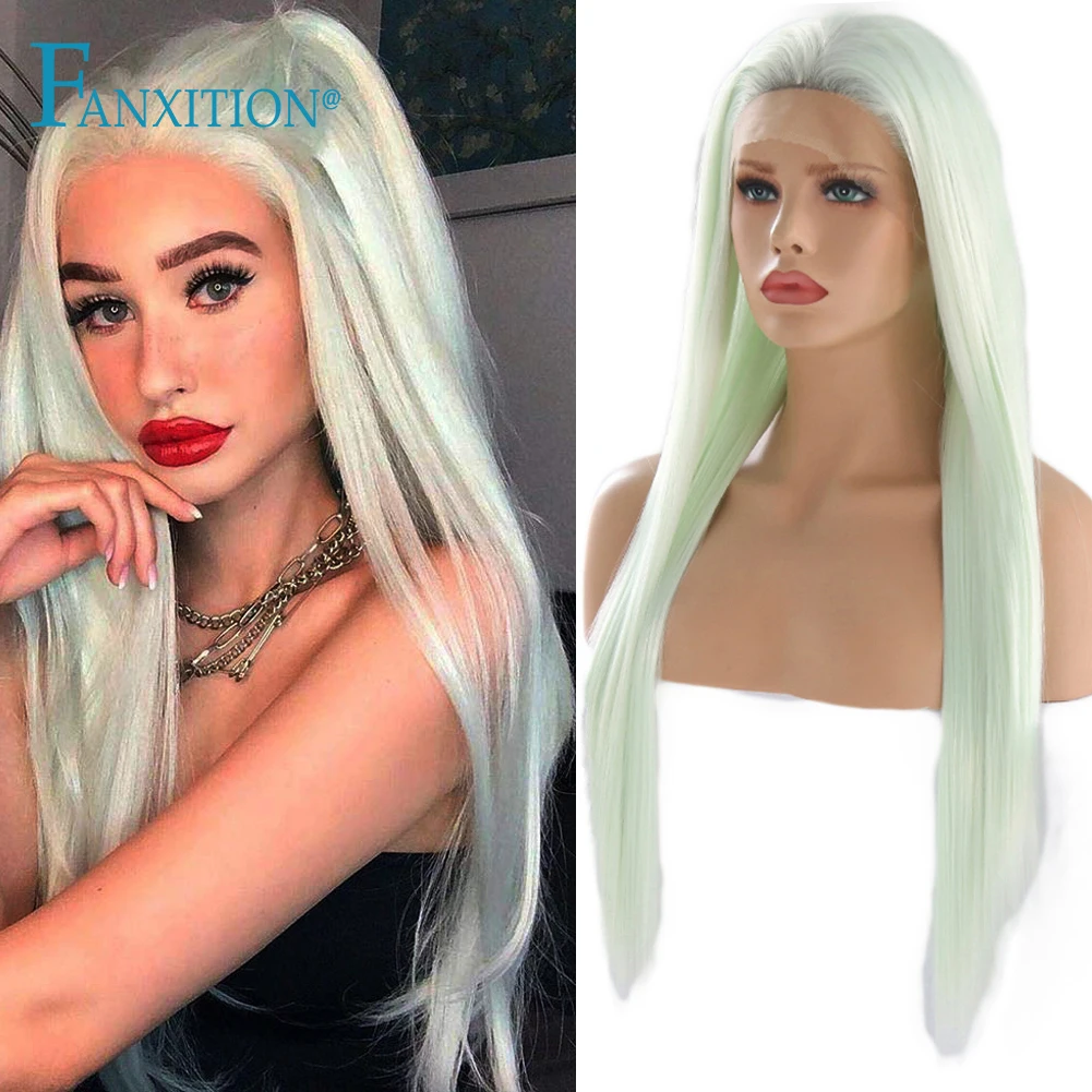 

FANXITION Synthetic Lace Wig Light Green Straight Wigs For Black Women High Temperature Fiber Cosplay Daily Wigs Pre Plucked