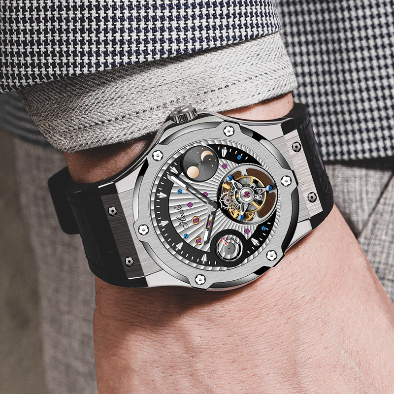 Фото Часы Haofa Flying Tourbillon для мужчин, механические наручные часы с сапфировым стеклом и индикатором дня и ночи, деловые повседневные часы 1915 №1