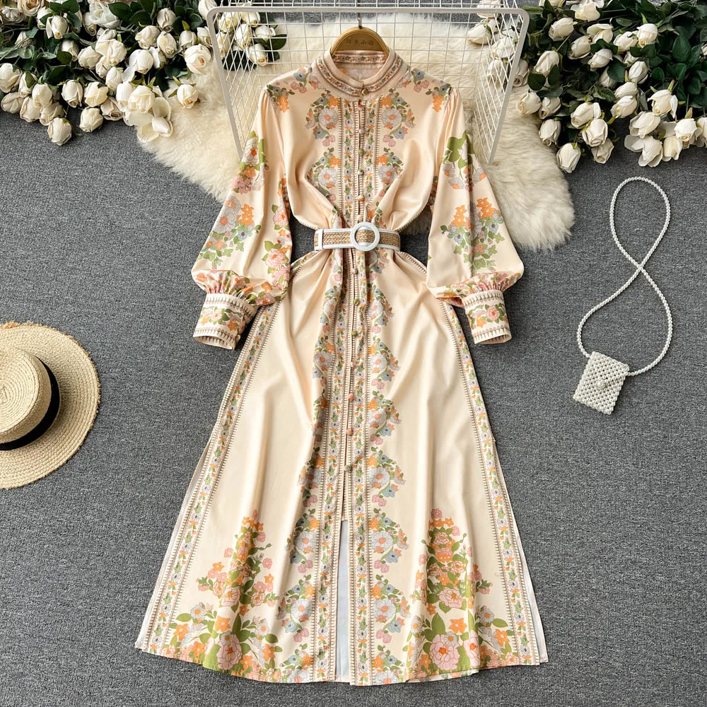 

SuperAen 2022 Vintage Printed Stand Full Lace Up Waist Slim Big Swing Knee Length Dresses for Women