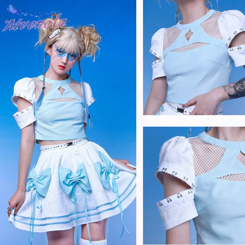Базовая футболка в стиле Харадзюку Y2K для девочек Милая женская сетку с вырезом и