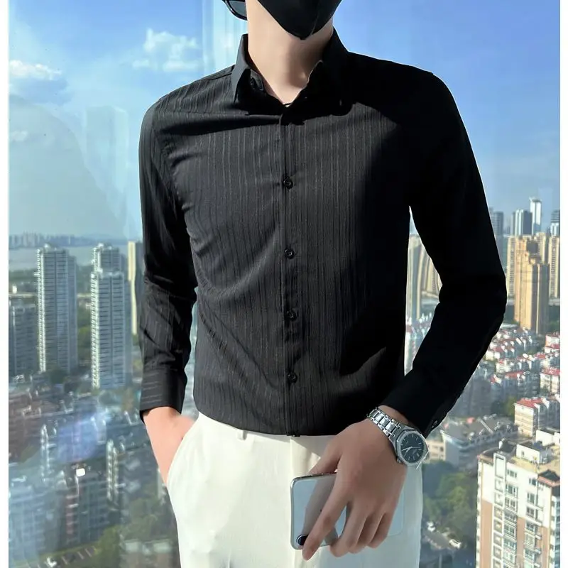 Korean Four Seasons Turn-down Collar Slim Single Breasted Dress Shirts Fashion New Solid Color Black White Men's Clothing 2022