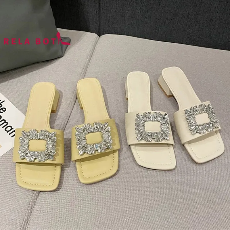 

Женские шлепанцы стразы, квадратный носок, плоская подошва, однотонные, квадратный носок, толстый каблук, сланцы, летние туфли-лодочки