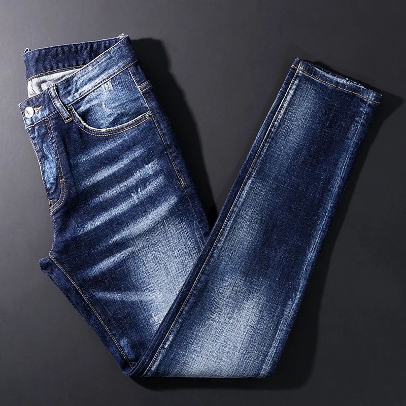 

Jeans Pria Ala Jalanan Mode Jeans Sobek Ramping Elastis Biru Retro Celana Panjang Vintage Pria Celana Denim Kasual Desainer