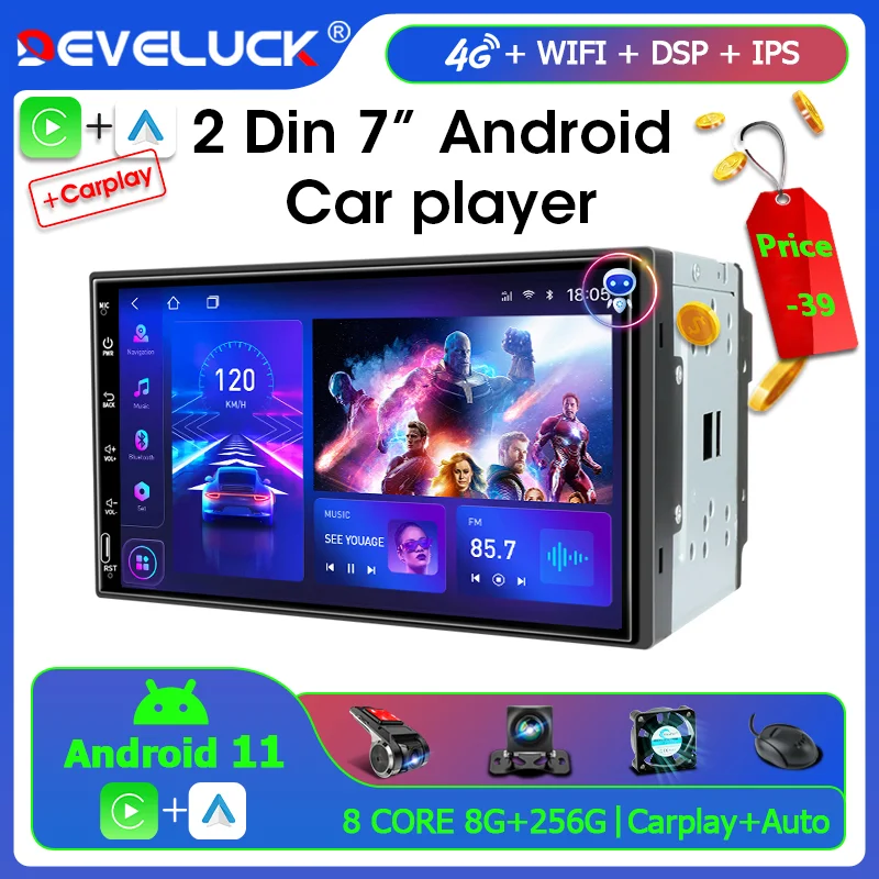 2 Din Android 11.0 Universal 7" Car Radio GPS Carplay For Volkswagen Nissan Hyundai Toyota Honda Multimedia Video Player Stereo
