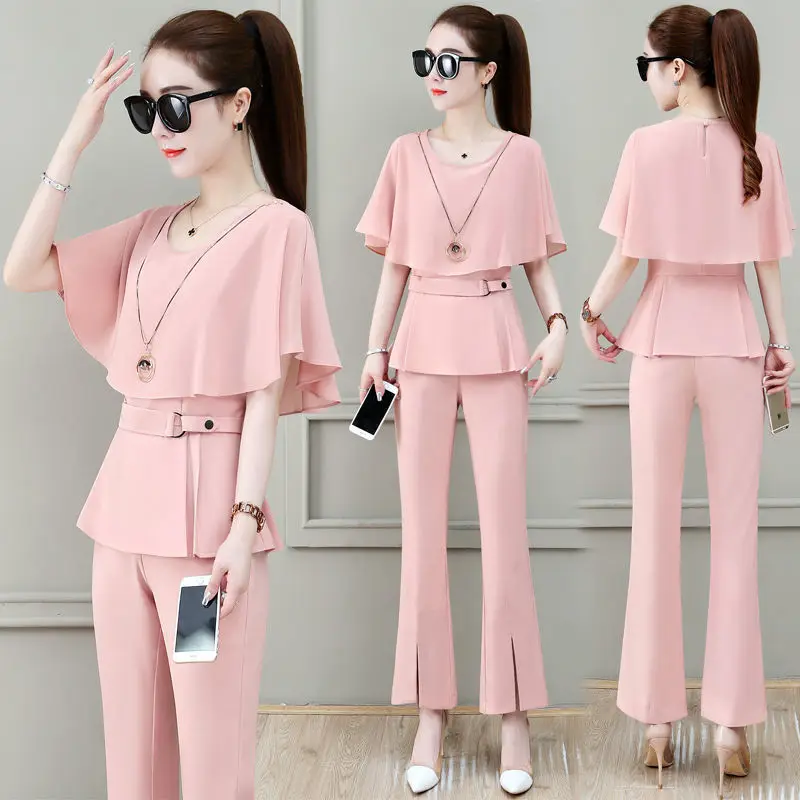 

Women 2022 Summer Fashion OL 2 Piece Sets Female Short Sleeve Chiffon Shirts & High Waist Flare Pants Ladies Work Pant Suits F15
